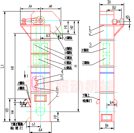 HL系列環(huán)鏈離心式斗式提升機(jī)外形圖-同鑫振動機(jī)械
